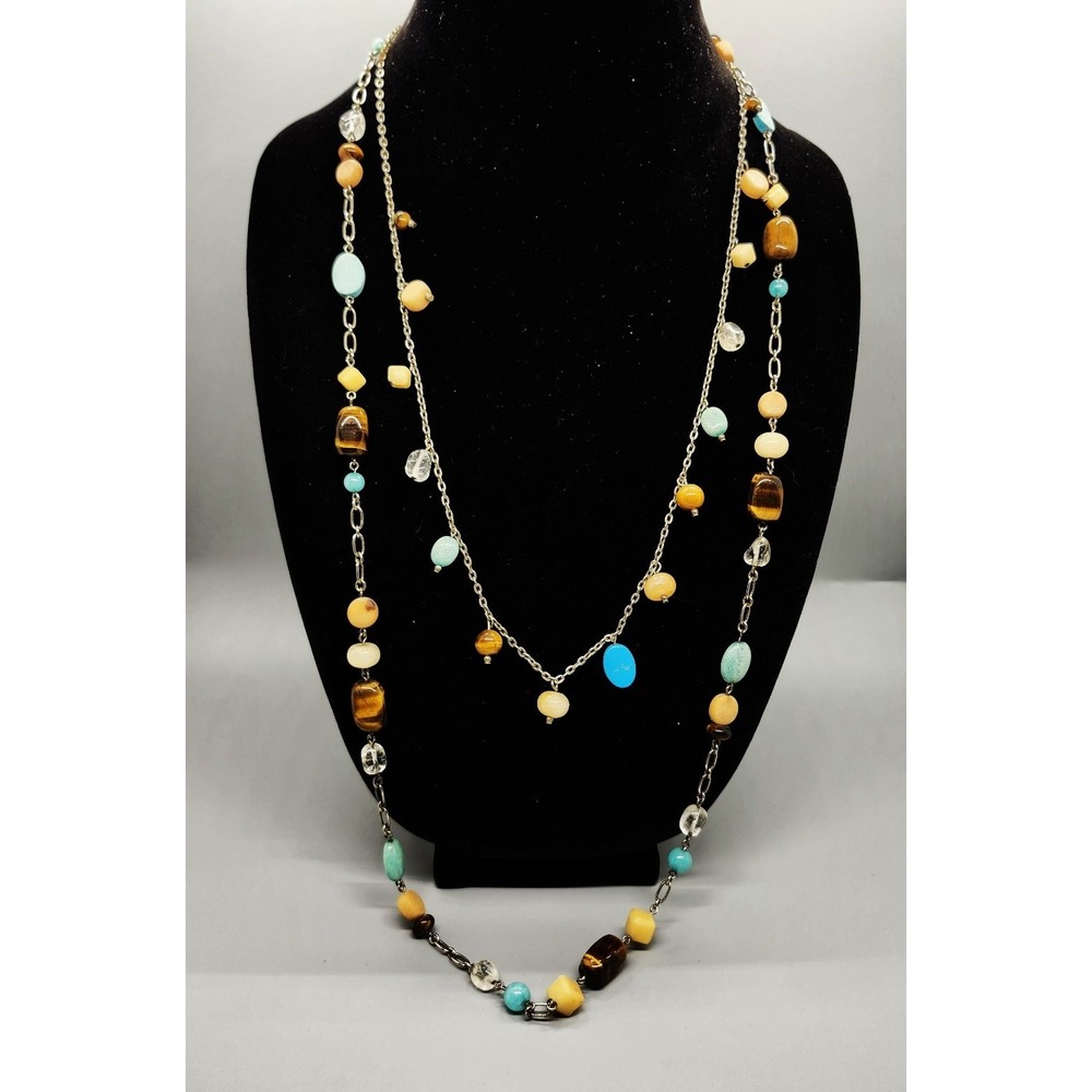 Long Multi-Strand Beaded Necklace Turquoise Tiger's Eye Silver Tone Boho Chic